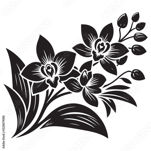Vector Black Silhouette Orchid Flowers illustration,orchid pattern,simple modern botanical design in white background 70