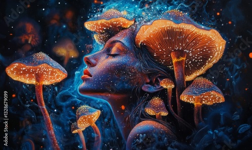 a woman with mushrooms on her head, dream concept.
