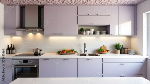 A Serene Lavender Kitchen Bathed In Soft Light, Showcasing Fresh Produce And Gleaming Appliances, Ready For Culinary Creativity