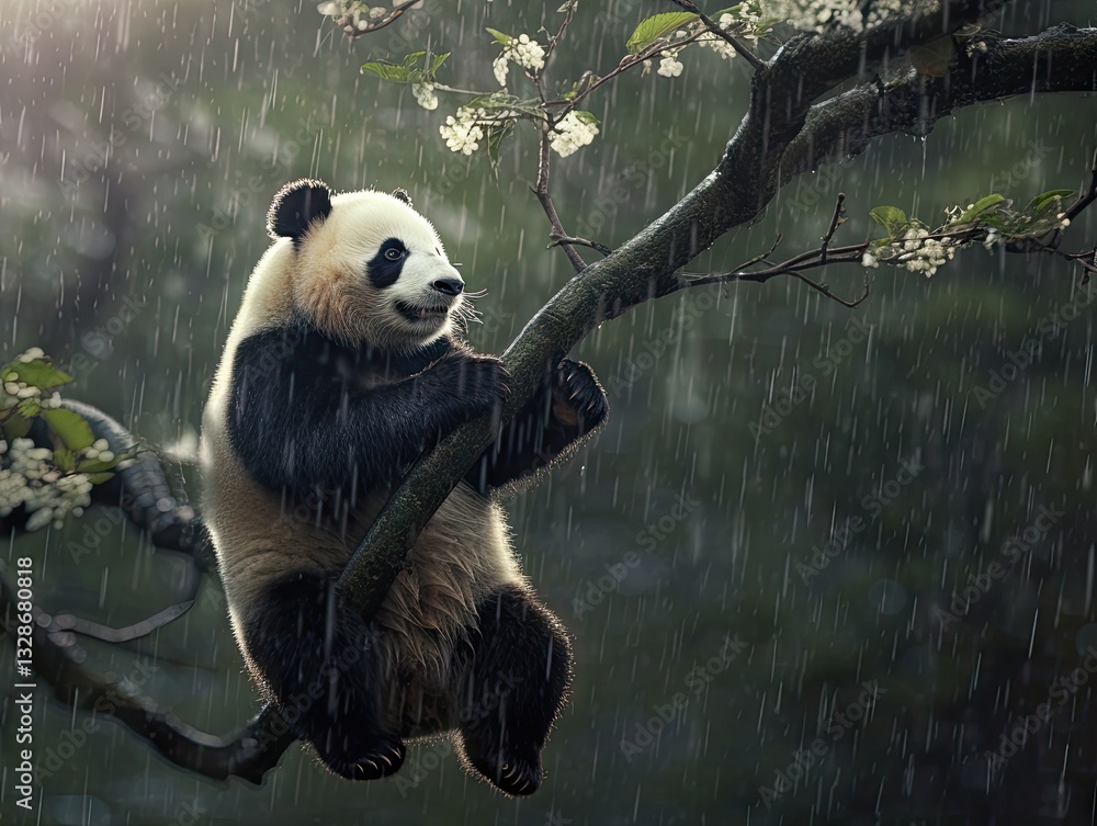 Obraz premium Panda cub in a rainy tree