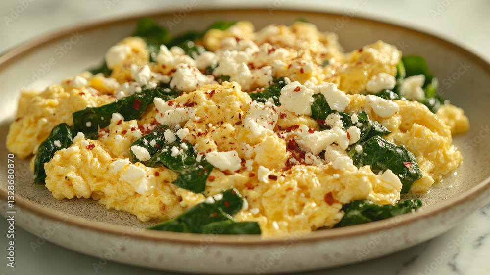 Scrambled eggs with spinach and feta on a plate. Scrambled eggs with spinach and feta on a plate.