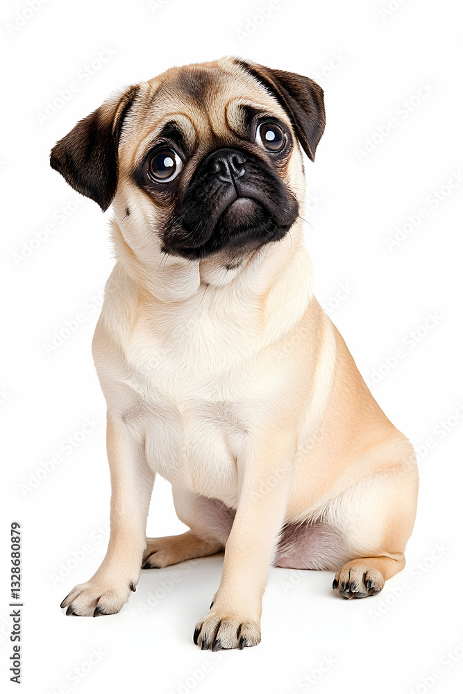 Fototapeta premium Adorable fawn pug puppy sits against white background, looking up with endearing expression