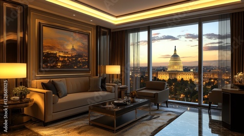 Wallpaper Mural Elegant living room with capitol view washington d.C. Interior design cityscape sunset luxury Torontodigital.ca
