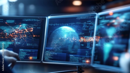 Advanced data analytics monitoring global network operations center digital display high-tech environment close-up viewpoint cybersecurity insights