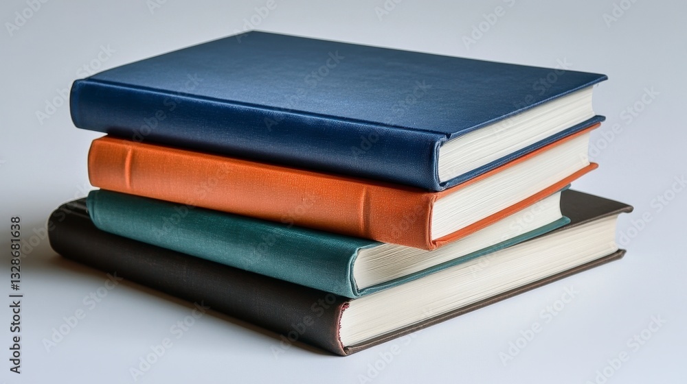Stack of three leather bound notebooks in navy, brown, and teal, displayed on a light gray background. Stack of three leather bound notebooks in navy, brown, and teal, displayed on a light gray background.