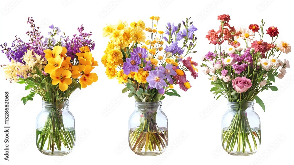 Obraz premium set of multicolored bouquets of flowers in a glass vase isolated on white