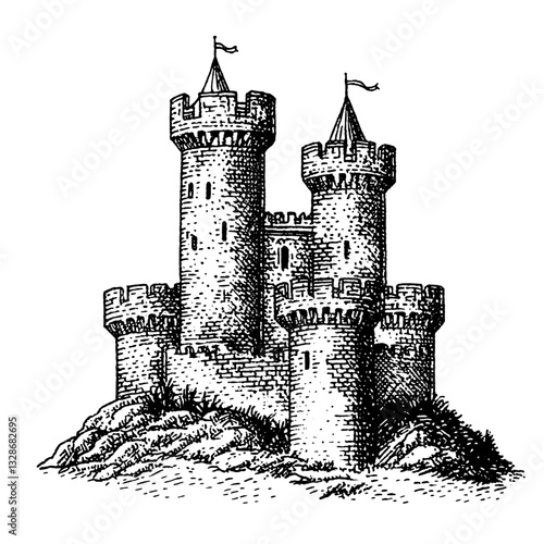 Intricate engraved castle illustration perfect for tattoo designs and packaging ideas, conveying a sense of medieval charm and strength