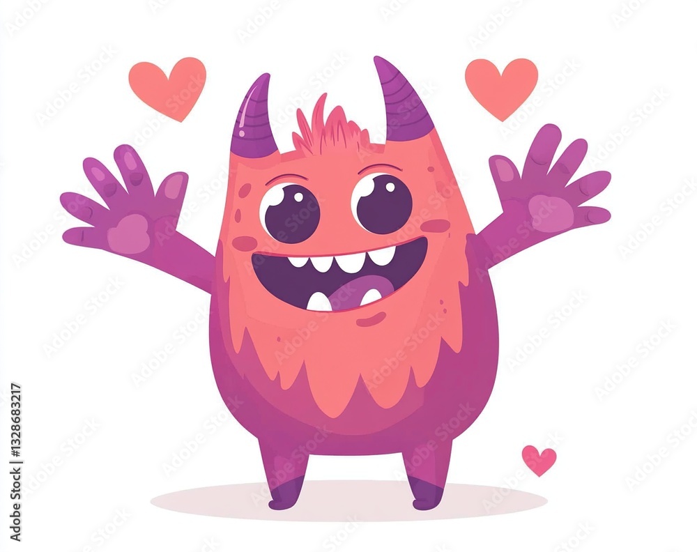 Happy pink monster with open arms and hearts. Happy pink monster with open arms and hearts.