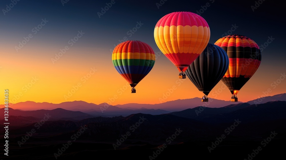 Fototapeta premium Colorful hot air balloons soaring at sunrise over majestic mountains scenic landscape aerial view travel adventure