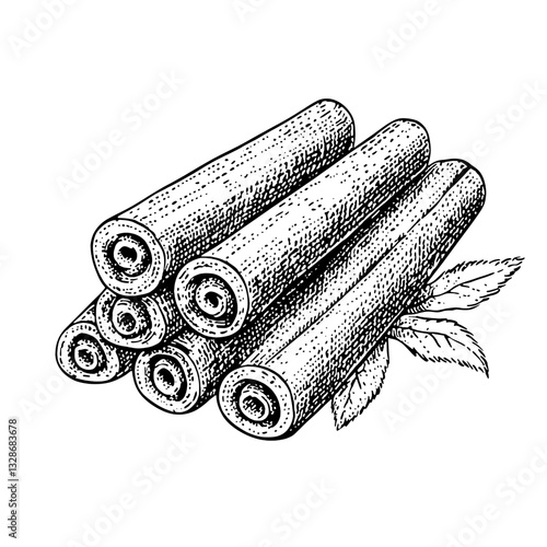 Engraved illustration of aromatic rolled herbal sticks with leaves suitable for tattoo and packaging design