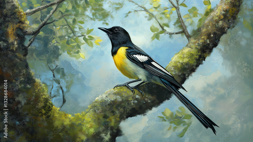 bird sitting on a branch, with forest background, Blue-fronted Redstart bird sitting on a branch, with forest background, Blue-fronted Redstart