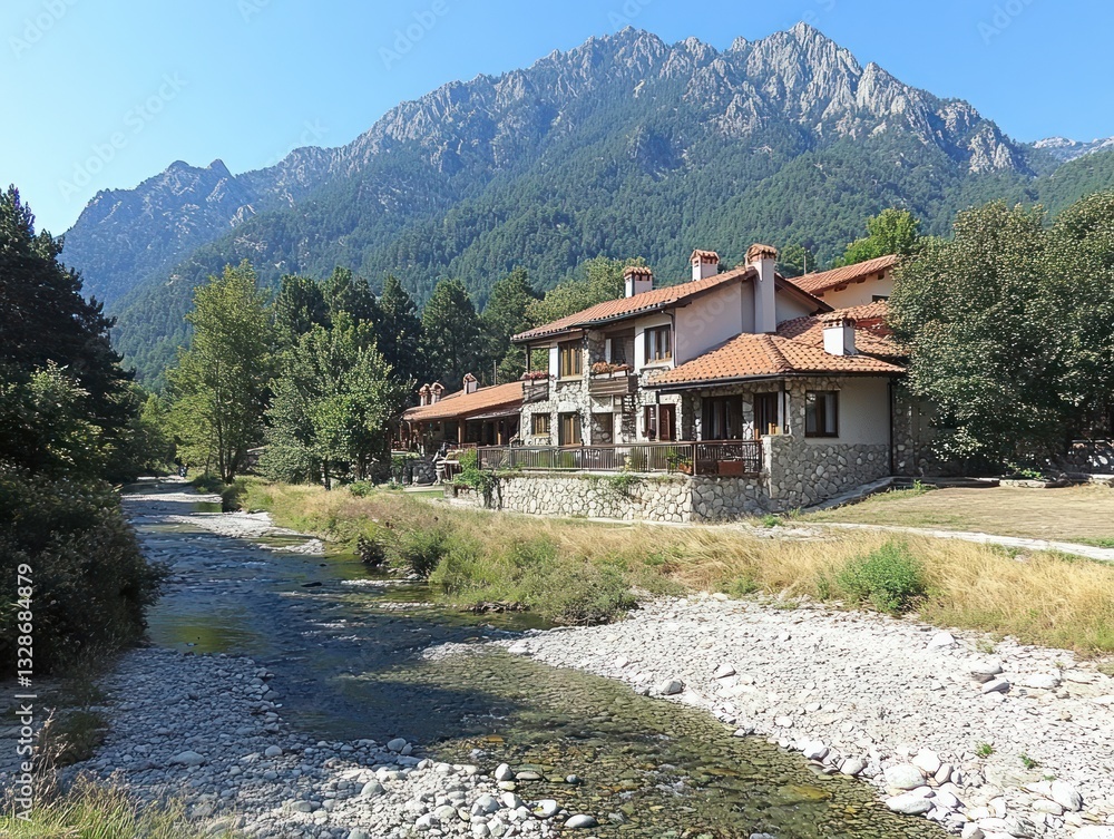 Naklejka premium Mountain resort homes beside a river.