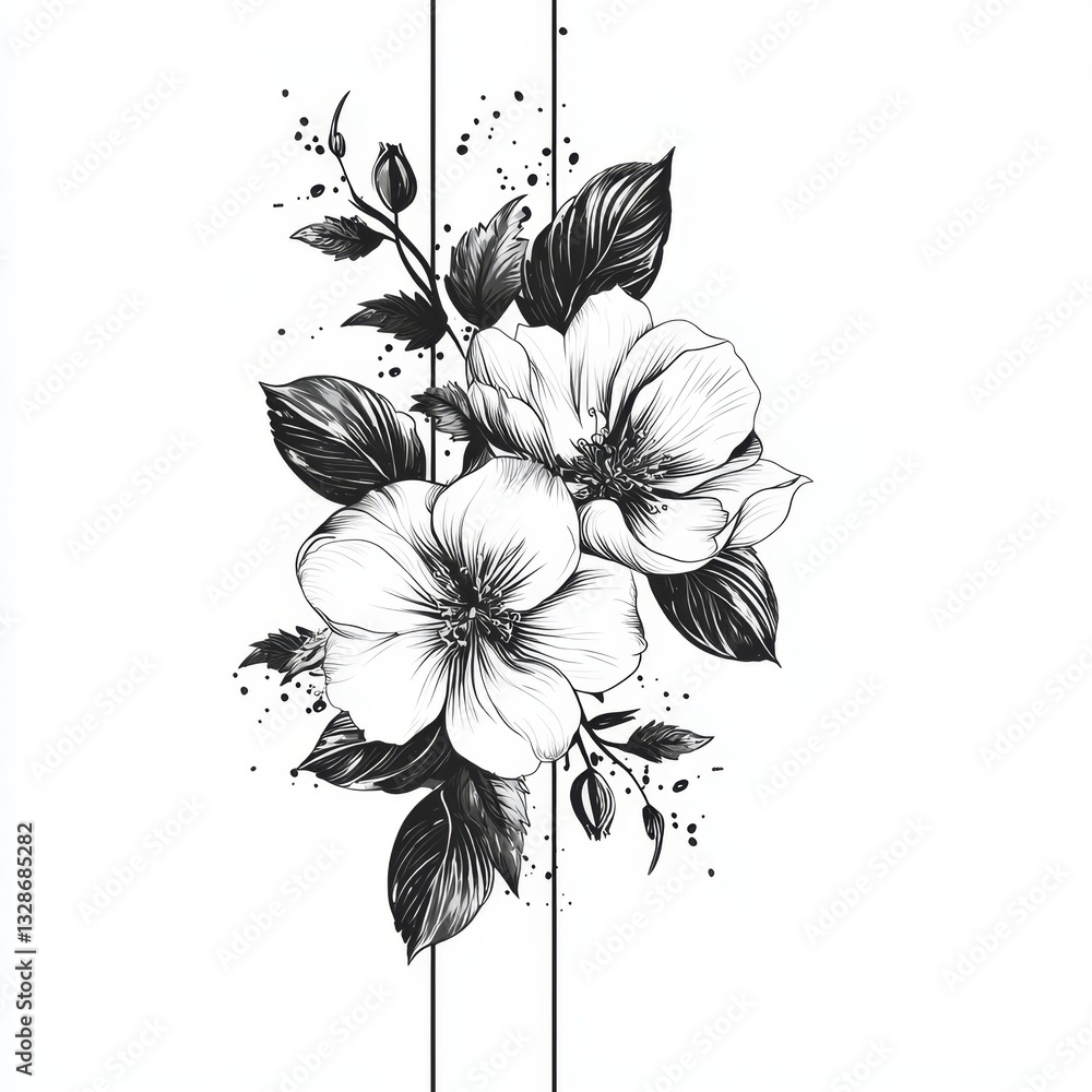 Fototapeta premium Elegant Black and White Floral Illustration Featuring Beautiful Blossoms and Leaves with Artistic Splashes