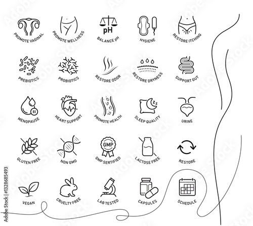 Woman vaginal care set icons. The outline icons are well scalable and editable. Contrasting elements are good for different backgrounds. EPS10.