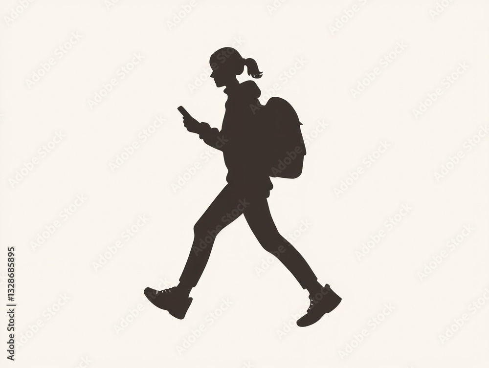 Silhouette of a walking woman with backpack using smartphone. Silhouette of a walking woman with backpack using smartphone.