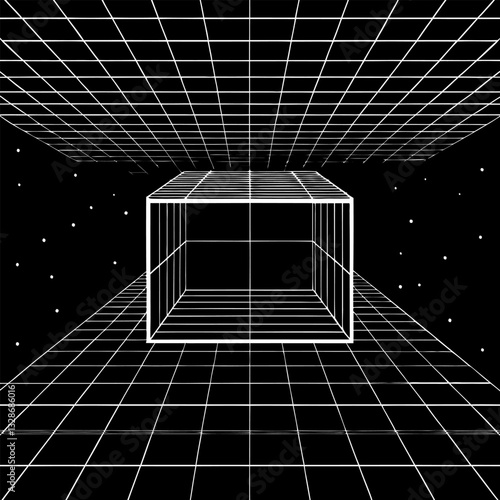 Futuristic perspective grid box. Abstract wireframe with white grid line on black background.