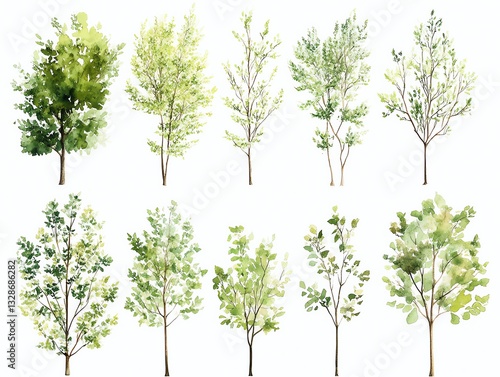 Set of watercolor green tree isolated on white background for landscape and architecture drawing, elements for environment and garden, botanical for section in spring