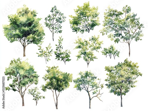 Set of watercolor green tree isolated on white background for landscape and architecture drawing, elements for environment and garden, botanical for section in spring