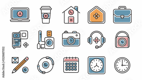 Vector Icon Set for Business, Work, and Home: Laptop, Coffee, House, Briefcase, Camera, Headphones, Calendar, Clock, and More Icons for Designs