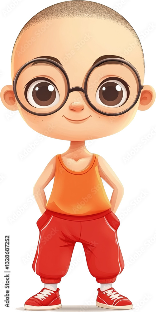 Fototapeta premium Cute cartoon boy character with glasses, cheerful expression, wearing orange tank top and red pants, standing with hands in pockets, playful illustration
