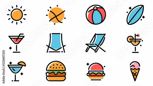 Vector Icon Set for Summer Activities, Beach Essentials, Food Icons, and Refreshing Drinks - Perfect for Graphic Design Projects and Marketing