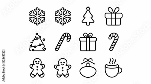 Christmas Vector Icon Set: Snowflakes, Trees, Gifts, Gingerbread, Candy Canes, and Ornaments for Holiday Design and Seasonal Projects