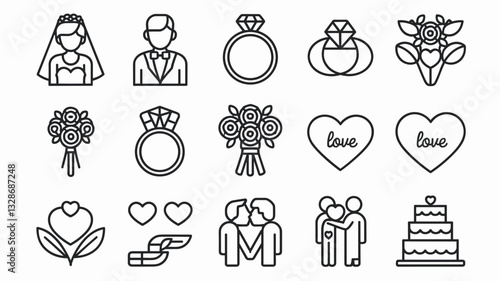 Wedding Icons Vector Set: Line Art Symbols for Bridal, Engagement, Love, Marriage, Flowers, Rings, Hearts, and Celebration Illustrations
