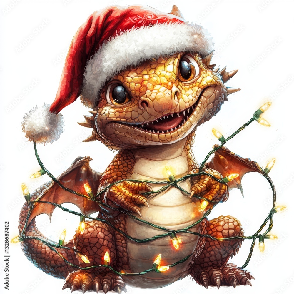 Festive Dragon Character with Santa Hat and Christmas Lights for Holiday Cheer and Whimsy Festive Dragon Character with Santa Hat and Christmas Lights for Holiday Cheer and Whimsy