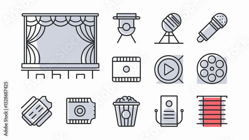 Vector Icon Set for Film and Theater: Microphone, Projector, Tickets, Popcorn, Stage Curtains, and Film Reel Graphics for Creative Projects and Marketing