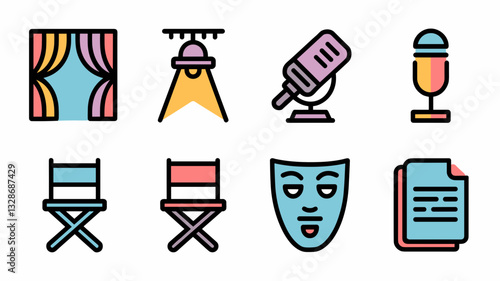 Vector Icon Set for Theatre, Film, and Performing Arts - Contains Stage Elements, Microphones, Director Chairs, and Masks for Creative Projects