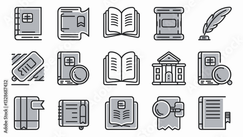 Vector Icon Set for Education, Learning, and Literature with Books, Quill, and School Elements for Creative Projects and Digital Design