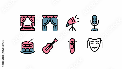 Vector Icon Set for Performance Arts, Theater, Music, and Entertainment, Featuring Microphone, Guitar, Stage Curtains, and Drama Masks