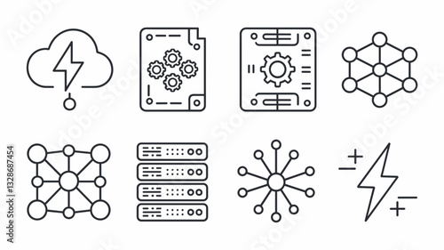Vector Icon Set for Cloud Computing, Network, Data Storage, and Technology Concepts - Line Art Designs for Modern Web and Graphic Projects