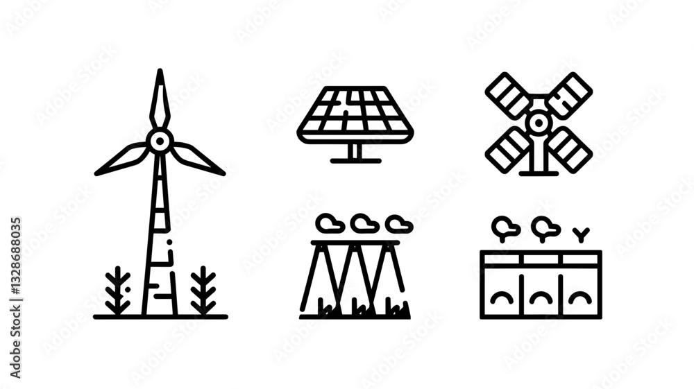 Vector Icon Set of Renewable Energy Symbols: Wind Turbine, Solar Panel, Windmill, Hydroponics, and Eco-Friendly Agriculture Design Elements Vector Icon Set of Renewable Energy Symbols: Wind Turbine, Solar Panel, Windmill, Hydroponics, and Eco-Friendly Agriculture Design Elements
