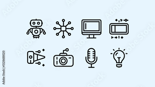 Vector Icon Set Featuring Technology, Media, and Creative Icons for Websites, Apps, and Digital Projects | Robotics, Photography, Audio, and Design