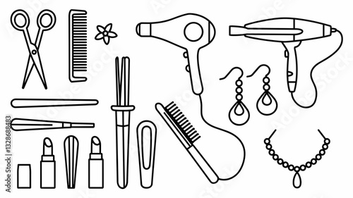 Hair Salon Vector Icon Set with Scissors, Combs, Hair Dryers, and Beauty Products for Professional Styling and Haircare Graphics