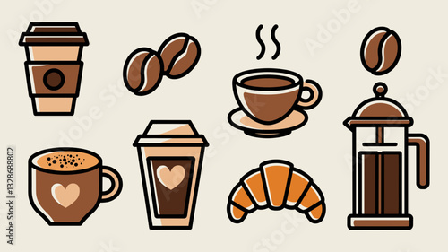 Coffee and Bakery Vector Icon Set - Cups, Beans, Croissants, and More for Food and Beverage Designs, Cafes, and Culinary Projects