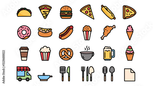 Food and Drink Vector Icon Set: Fast Food, Snacks, Desserts, and Kitchen Utensils for Creative Projects and Websites