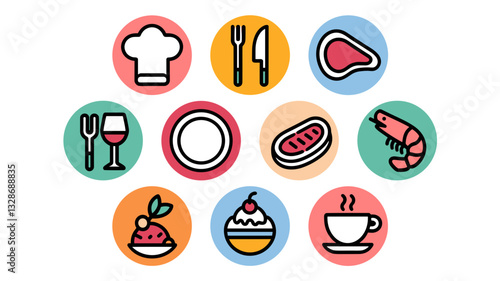 Vector Icon Set of Food Symbols, Chef, Tableware, Desserts, and Seafood for Restaurants, Culinary Designs, Menu Planning, and Food Blogs