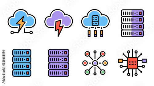 Cloud Computing Vector Icons Set for Data Storage, Server Management, Networking, and Cloud Security in Modern Digital Environments
