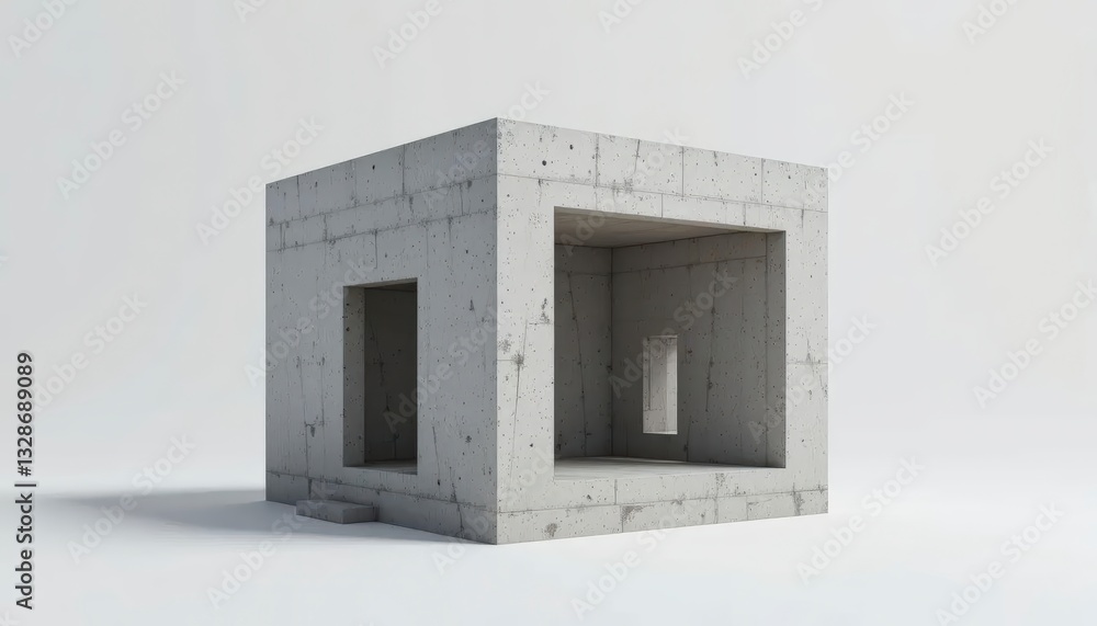 Fototapeta premium Concrete Cube Structure Minimalist Architecture with Openings Design Concept