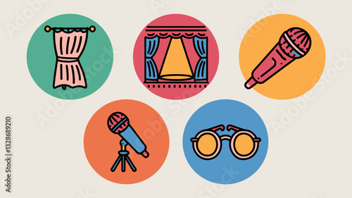 Vector Icon Set for Stage Performance, Microphone, Curtains, Theatrical Equipment, and Creative Arts Illustrations for Digital Design Projects