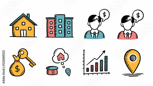 Real Estate Vector Icon Set for Home Buying, Property Investment, Business Finance, Market Trends, and Location Services