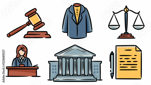 Law and Justice Vector Icon Set: Gavel, Scales, Courtroom, Legal Documents, and Judge Graphics for Legal Websites, Presentations, and Educational Materials
