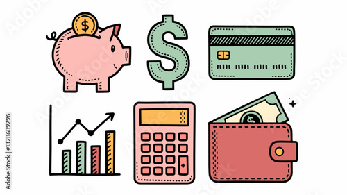 Financial Vector Icon Set Featuring Piggy Bank, Dollar Sign, Credit Card, Wallet, Calculator, and Graph for Accounting and Budgeting Use