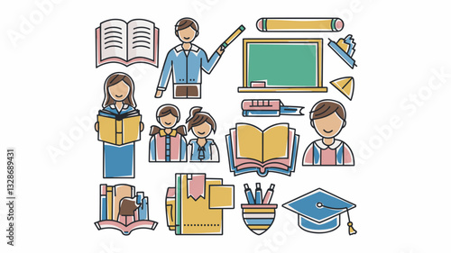 School Vector Icon Set for Education, Teaching, and Learning - Books, Classrooms, Students, and Graduation Icons for Creative Projects