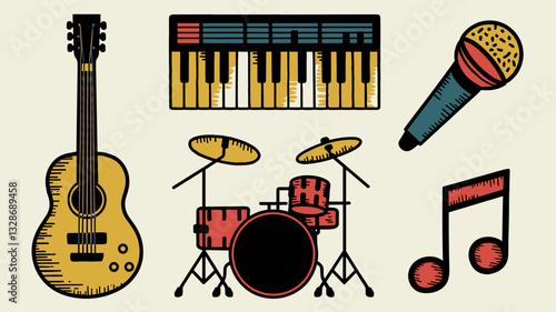 Music Instrument Vector Icon Set with Guitar, Piano, Drums, Microphone, and Notes for Creative Projects, Logos, and Illustrations