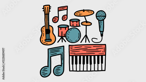 Music Icons Vector Set for Musicians, Instruments, and Sound Design – Guitar, Drums, Microphone, Piano, and Musical Notes Graphics