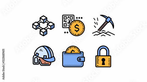 Vector Icon Set for Cryptocurrency, Mining, Security, and Construction Tools - Essential Symbols for Modern Digital and Industrial Applications