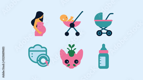 Vector Icon Set for Baby Theme: Pregnancy, Baby Stroller, Newborn Care, Feeding Bottle, and Cute Animal Icons for Parenting and Family Projects
